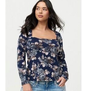 Torrid Floral Square Neck Top Womens Size 1 (14/16)Navy Blue Rose Long Sleeve